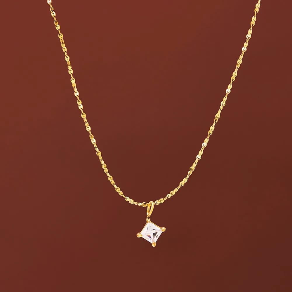 Simple Exquisite Gold Color Stainless Steel Petal Chain Rhombus Claw-set Zircon Pendant Necklace for Women Jewelry Colorfast