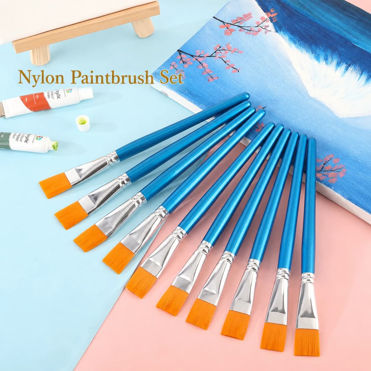 Flat Nylon Bristle Paint Brushes, Blue Birch Handle Art Brush Set for Watercolor Acrylic Gouache Oil Painting Coloring Outlining