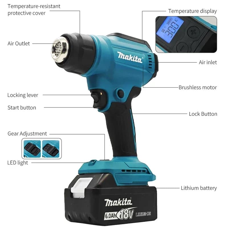 Makita 18V 550°C Heat Gun - New Cordless LED Display Hot Air Blower for Soldering (Bare Machine)