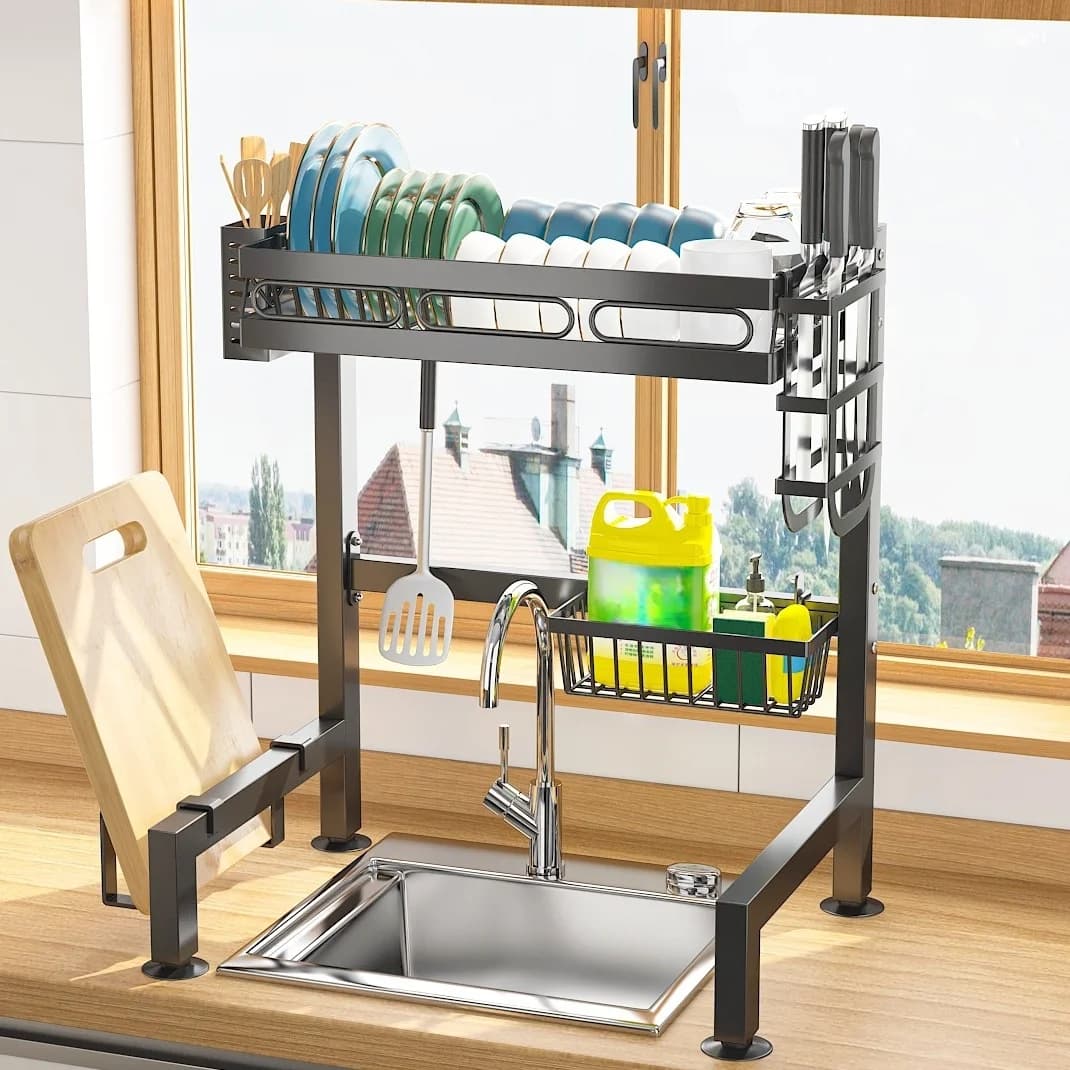 Over Sink Dish Drying Rack, 2 Tier Carbon Steel Kitchen Sink Organizer with Utensil Holder & Cutting Board Rack, 55cm Width aaa