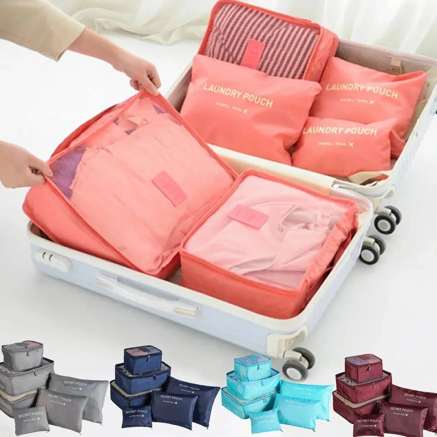 Borsa da viaggio portatile impermeabile di grande capacità per vestiti e biancheria intima, set da 6 pezzi, con cerniera