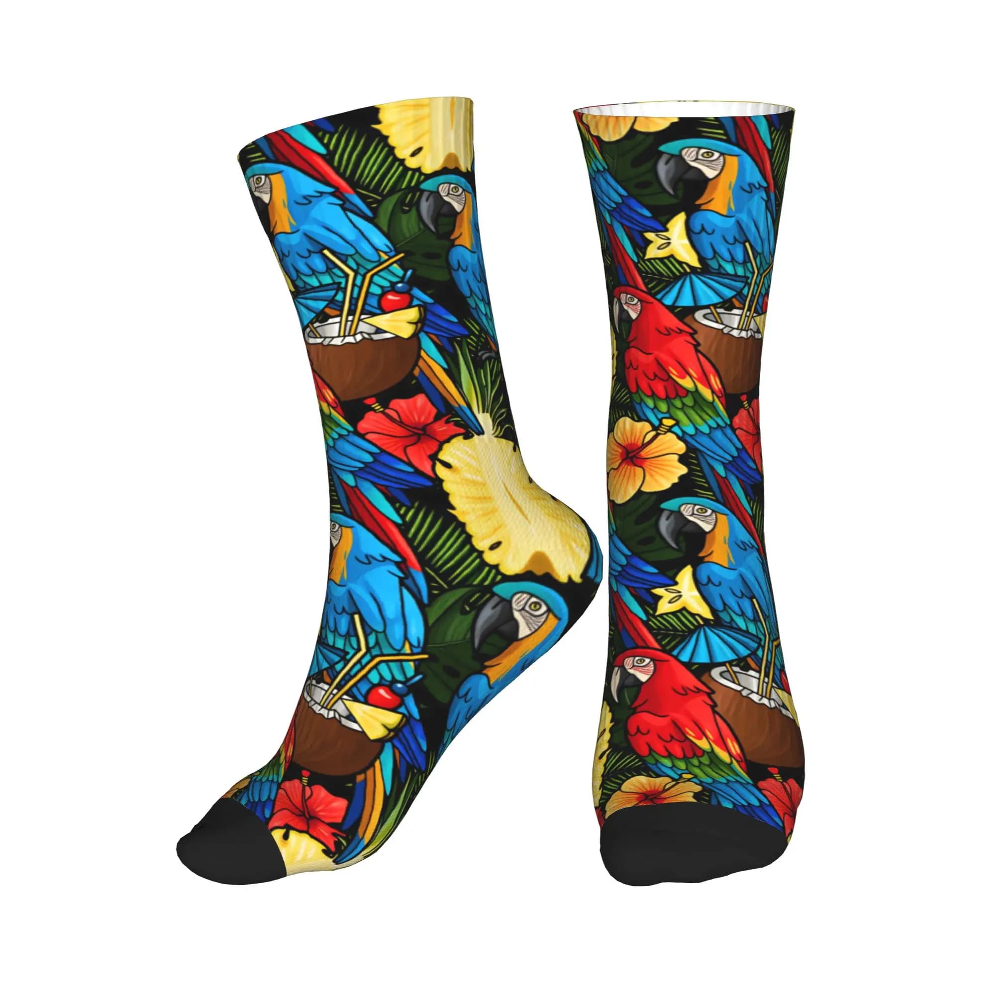Fashion Printing Tropical Macaw Fruit Floral Socks for Women Men Stretch Summer Autumn Winter Crew Socks