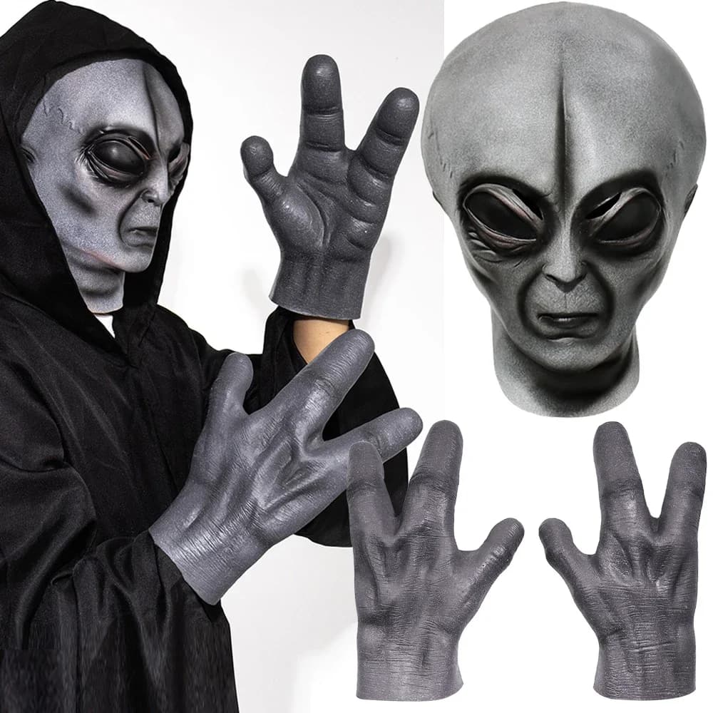 51 Area Alien Mask Gloves Cosplay UFO Monster Skull Latex Helmet Hands Halloween Dress Up Party Costume Props