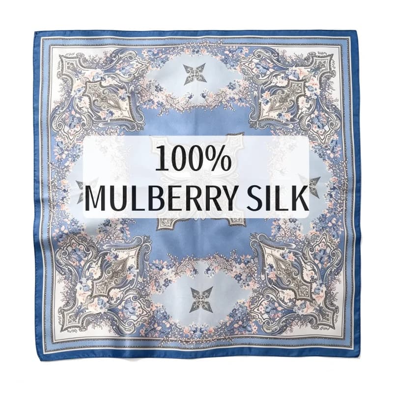 Baroque Floral 100% Mulberry Silk Square Scarf 50cm Blue Neck Bandana Women Luxury Accessory For Bag Hair Styling Office