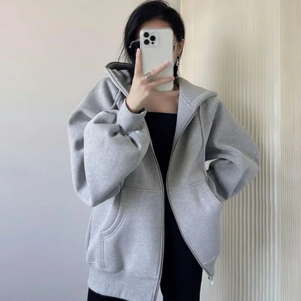 Women's hoodie with zip, oversize, long sleeves, fleece lining, casual, 80% fleece