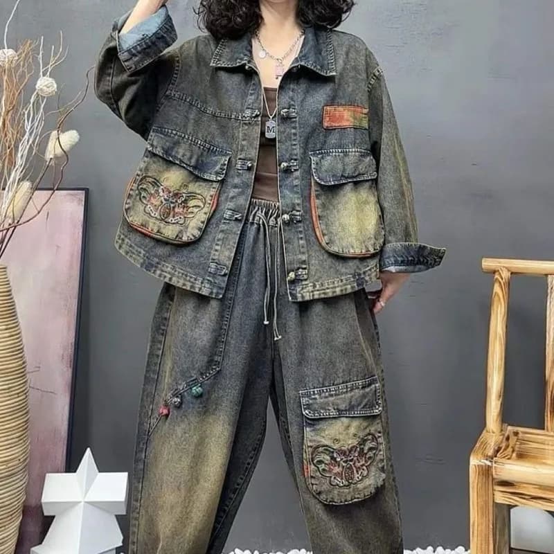 Vintage Embroidered Denim Suit Women 2025 Spring New Plus Size Trendy Jacket Slimming Pants Two Piece Set COAT