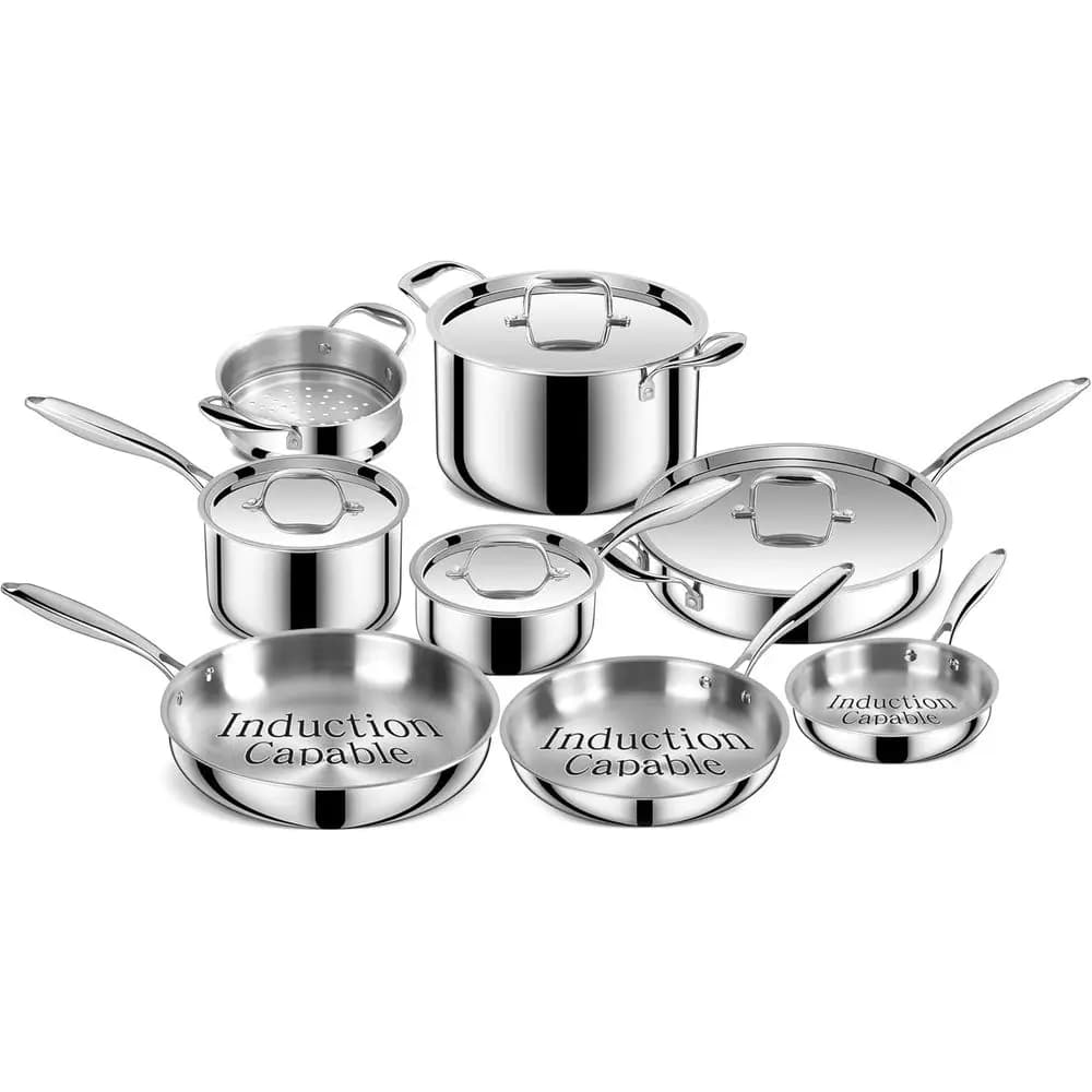 Stainless Steel Pots and Pots Set in Triple Layer, 12 Pieces, Suitable for Induction Kitchen, Dishwasher Washable and Used in Oven | Tiles, Pots, Tools for Soffrattellare