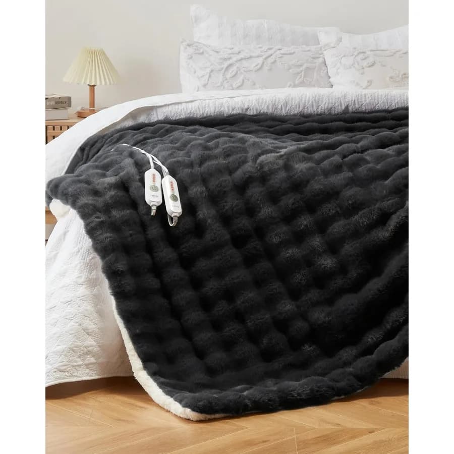 Coperta riscaldata King Coperta riscaldante elettrica in pelliccia sintetica a doppio controllo con 4 impostazioni di calore Coperta morbida a bolle d'aria con 8 ore di auto