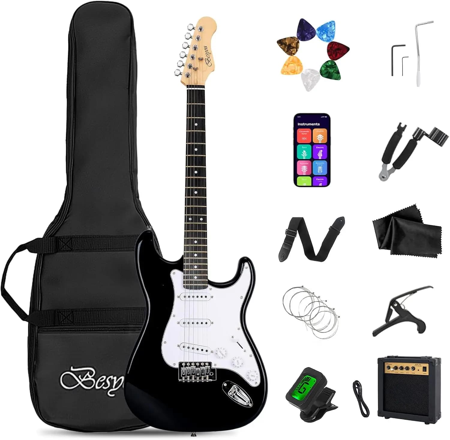 Kit Chitarra Elettrica Full Size con Amplificatore 10W, Pickup SSS, Borsa Gig, Accordatore, Capotasto, Tracolla, Plettri, Nero