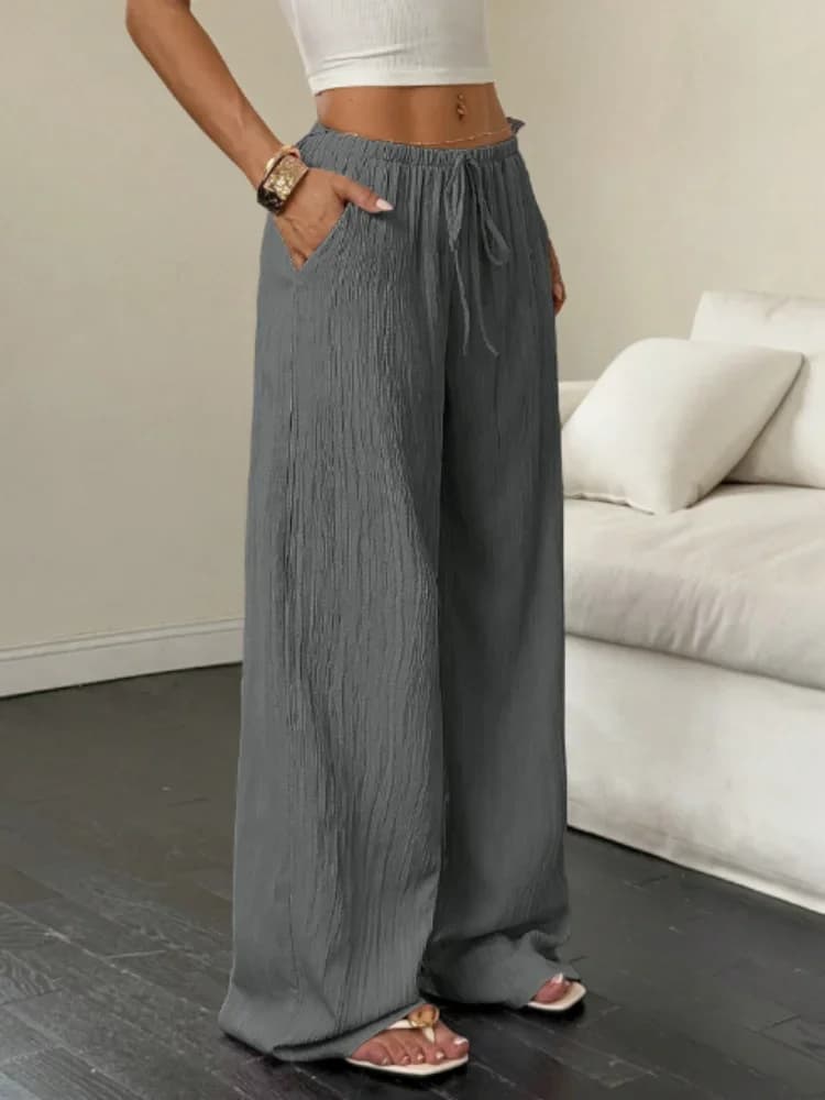 Estate 2025 Donna Casual Tinta unita Texture Tessuto Vita con cintura Tasca laterale Pantaloni a gamba larga Nuovo stile transfrontaliero