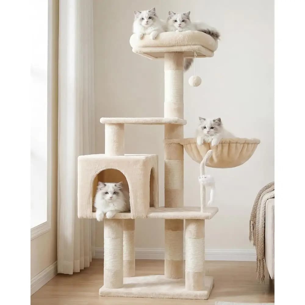 Albero per Gatti da Interno con Giocattoli, Cuccia a Torre, Sdraio in Peluche, Amaca e Tiragraffi in Sisal, Beige