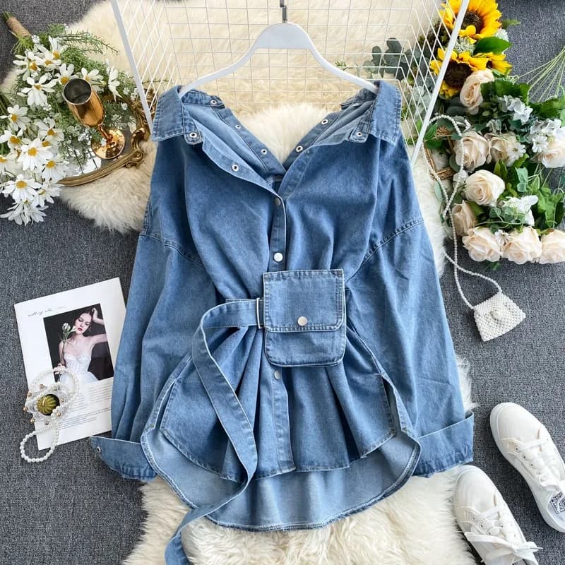 Camicie di jeans da donna Camicetta lavata Capispalla 2025 Giacche Cintura Marsupio Risvolto monopetto Streetwear Overshirt Top