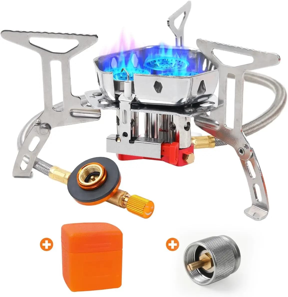 Fornello da Campeggio Portatile a Propano per Esterni - GEEKHOM 6800W Fornello a Gas Antivento con Accensione Piezoelettrica; Fornello da Campeggio a 2 Combustibili (Butano e Propano) per Escursionismo e Picnic; Base a Treppiede e Adattatore