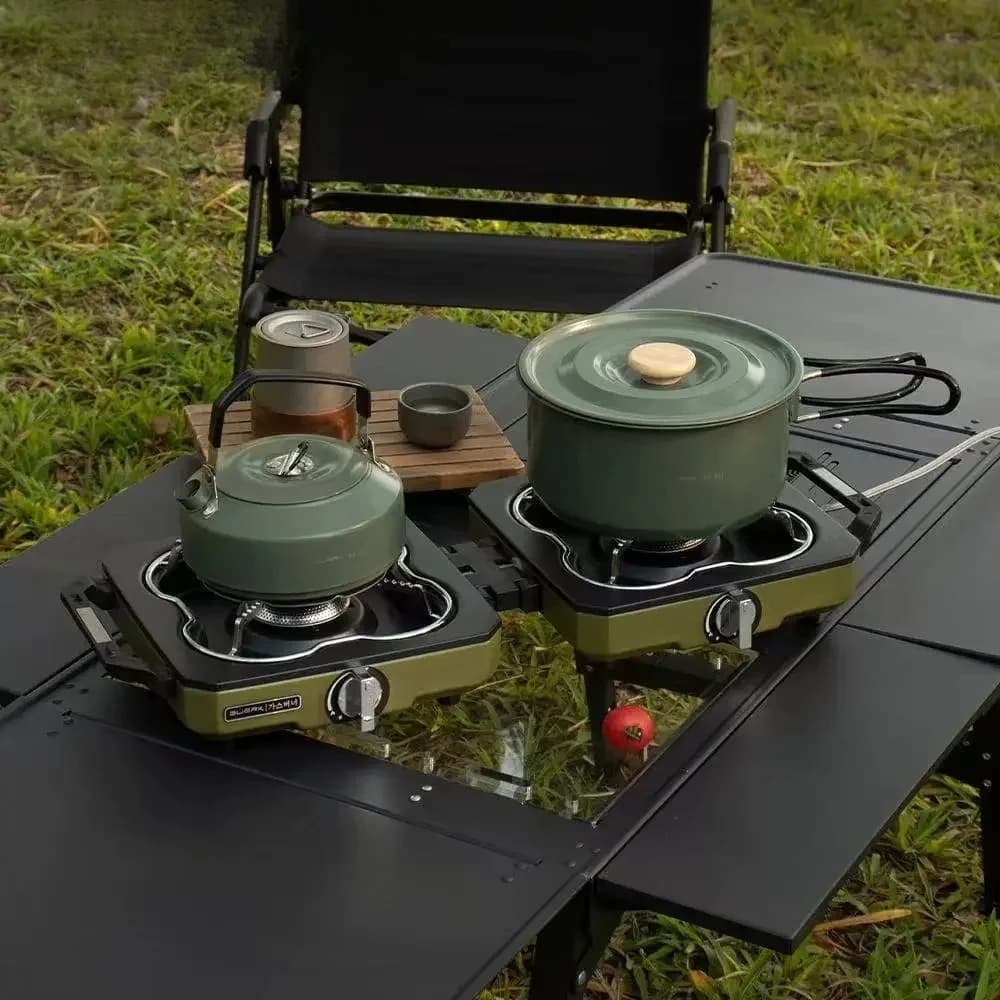 BUERK Fornello da campeggio Doppio bruciatore Portatile ad alta potenza di fuoco Pieghevole Bruciatore a gas da campeggio Set da cucina per barbecue all'aperto Stufa a gas da picnic Nuovo