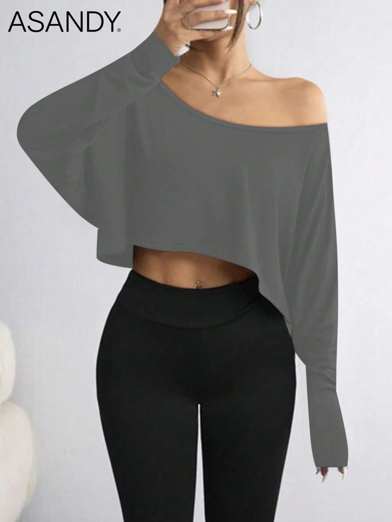 2 pezzi di top corti da donna con spalle scoperte, t-shirt casual a maniche lunghe per l'uso quotidiano a casa, primavera autunno