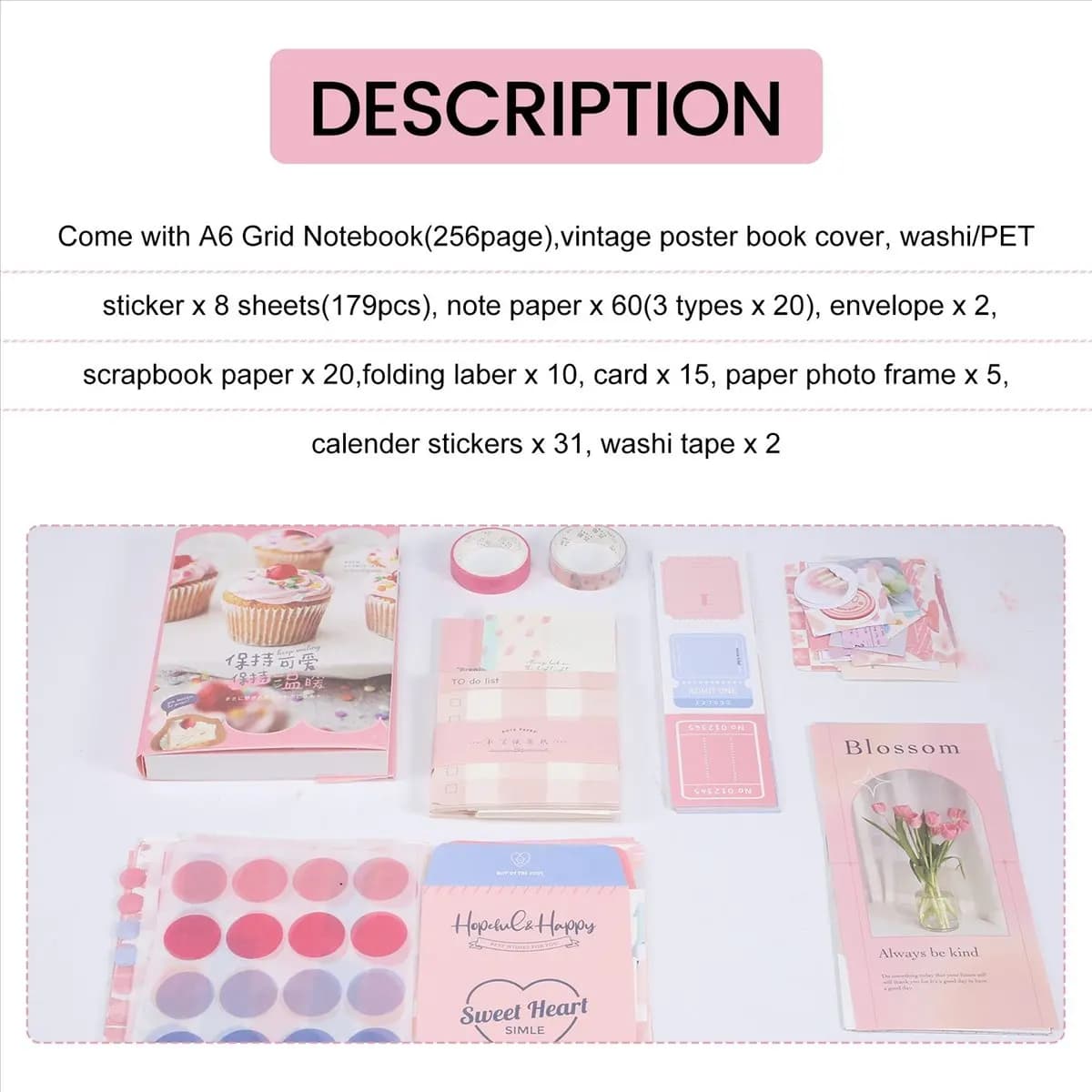 A43M Aesthetic Scrapbook Kit(348Pcs), Junk Journal Kit with Journaling/Scrapbooking Supplies, Stationery(A)