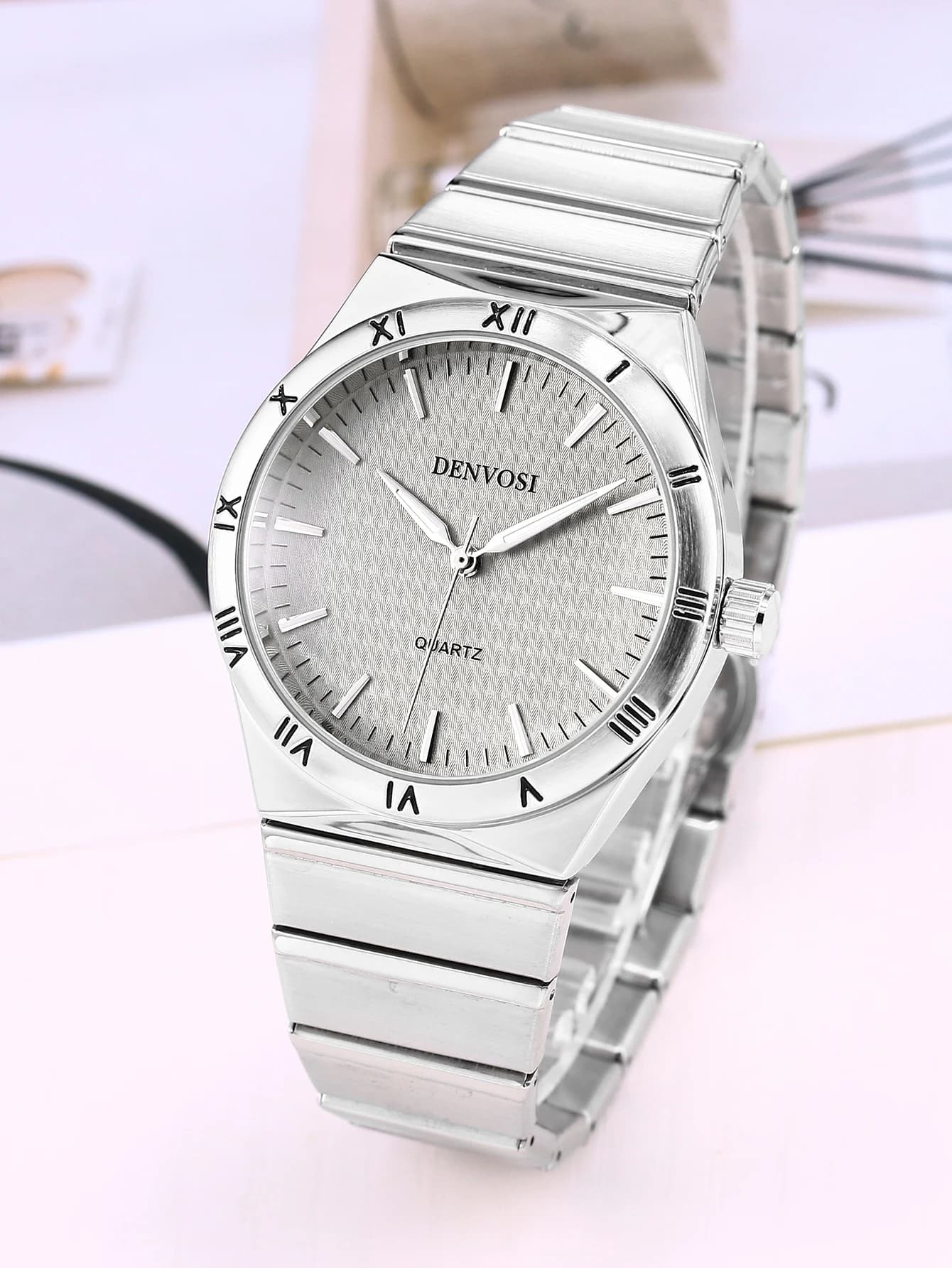 Denvosi Minimalist Silver Men's Watch, Roman Numeral Bezel Textured Dial, Stainless Steel Bracelet Casual Business Watch