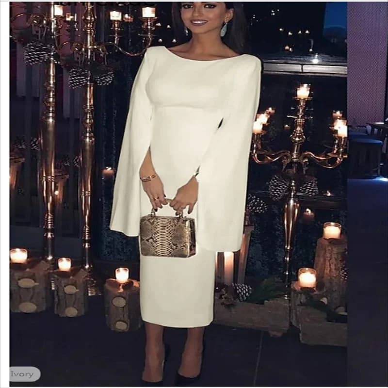 Sheath / Column Tea Length Cocktail Dresses Party Dresses Elegant Party Little White Dresses Long Sleeve Jewel Neck Wedding Gues