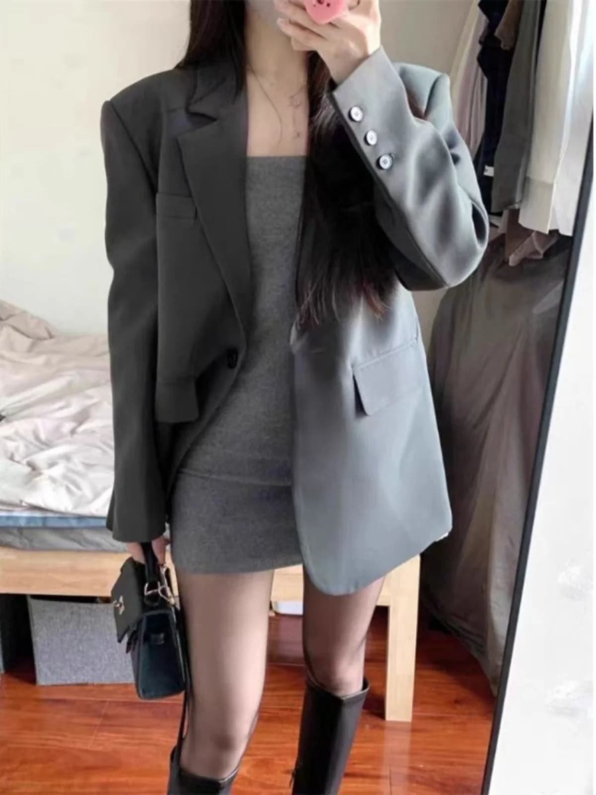 Elegant Grey Suit Jacket Women's Loose Casual Slimming Design High Quality Polyester Fabric Long Sleeve One Button Closure
