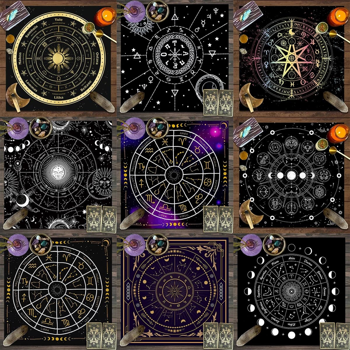 1 tovaglia per carte dei tarocchi per dodici segni zodiacali, tovaglia per altare per stelle, fasi lunari, astrologia, magia e stregoneria