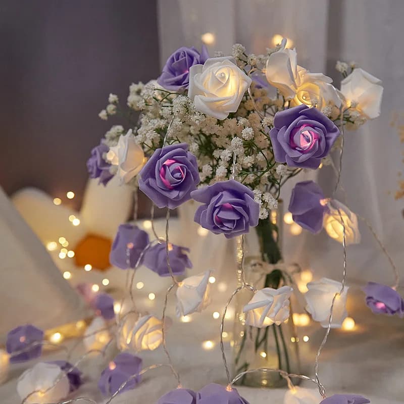 Luci a corda con fiori bianchi viola da 1,5 m Decorazioni per la festa della mamma a batteria Luci floreali Decorazioni per regali di nozze San Valentino