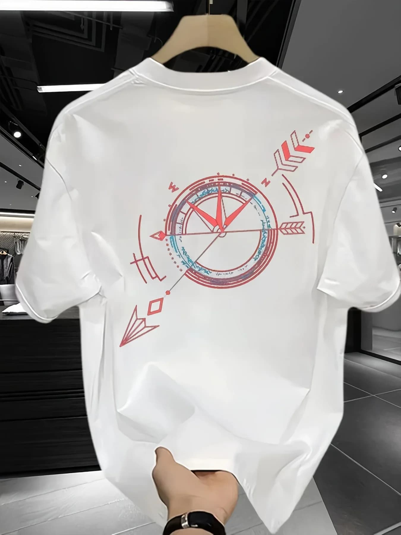 T-Shirt Oversize Unisex 100% Cotone con Stampa Grafica Freccia Bussola sul Retro, Stile Casual Streetwear