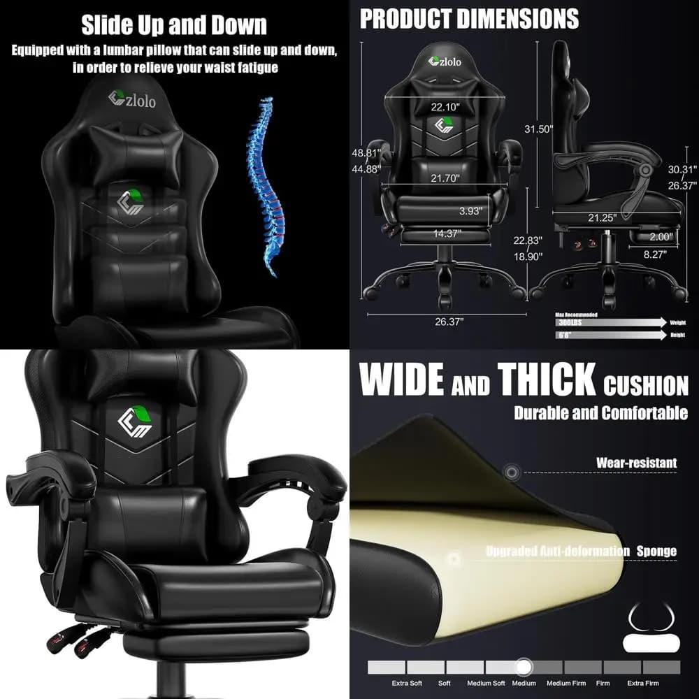 Sedia da Gaming Ergonomica con Poggiapiedi, Supporto Lombare e Massaggiatore - Schienale Alto, Reclinazione e Altezza Regolabili, Nera