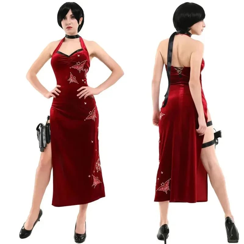 Gioco Anime Ada Wong Costume Cosplay Donna Rosso Sexy Abito diviso senza maniche Uniforme da combattimento con borsa per le gambe Abiti di carnevale di Halloween