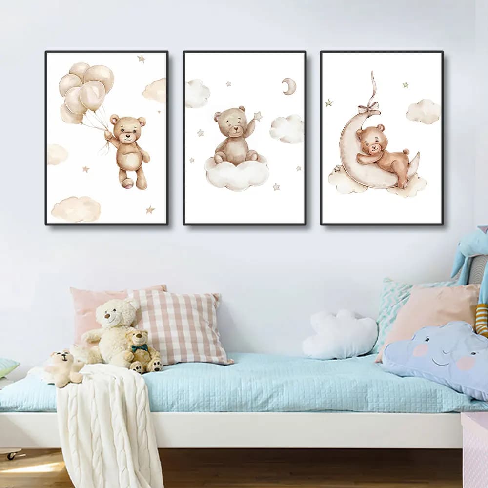 Set di 3 Poster Senza Cornice con Cartoni Animati di Palloncini, Nuvole e Orsetti, Quadri per Cameretta, Stampe su Tela per Camere di Bambini e Bambine