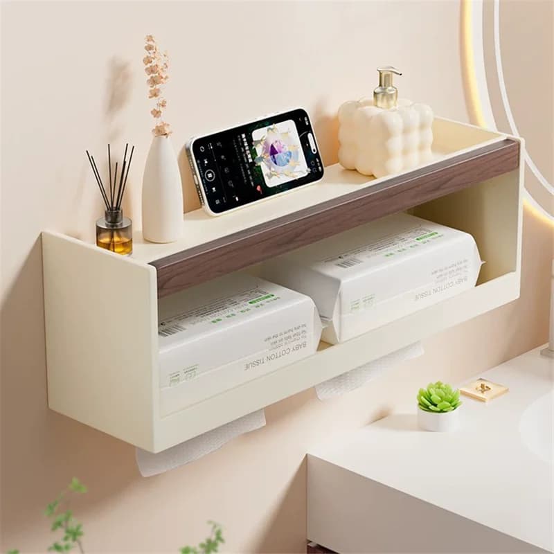 Wood Aluminum Bathroom Paper Holder with Shelf Bathroom Paper roll Holder Wall Mounted Towel Rack Toilet Paper Holder Tissue Box