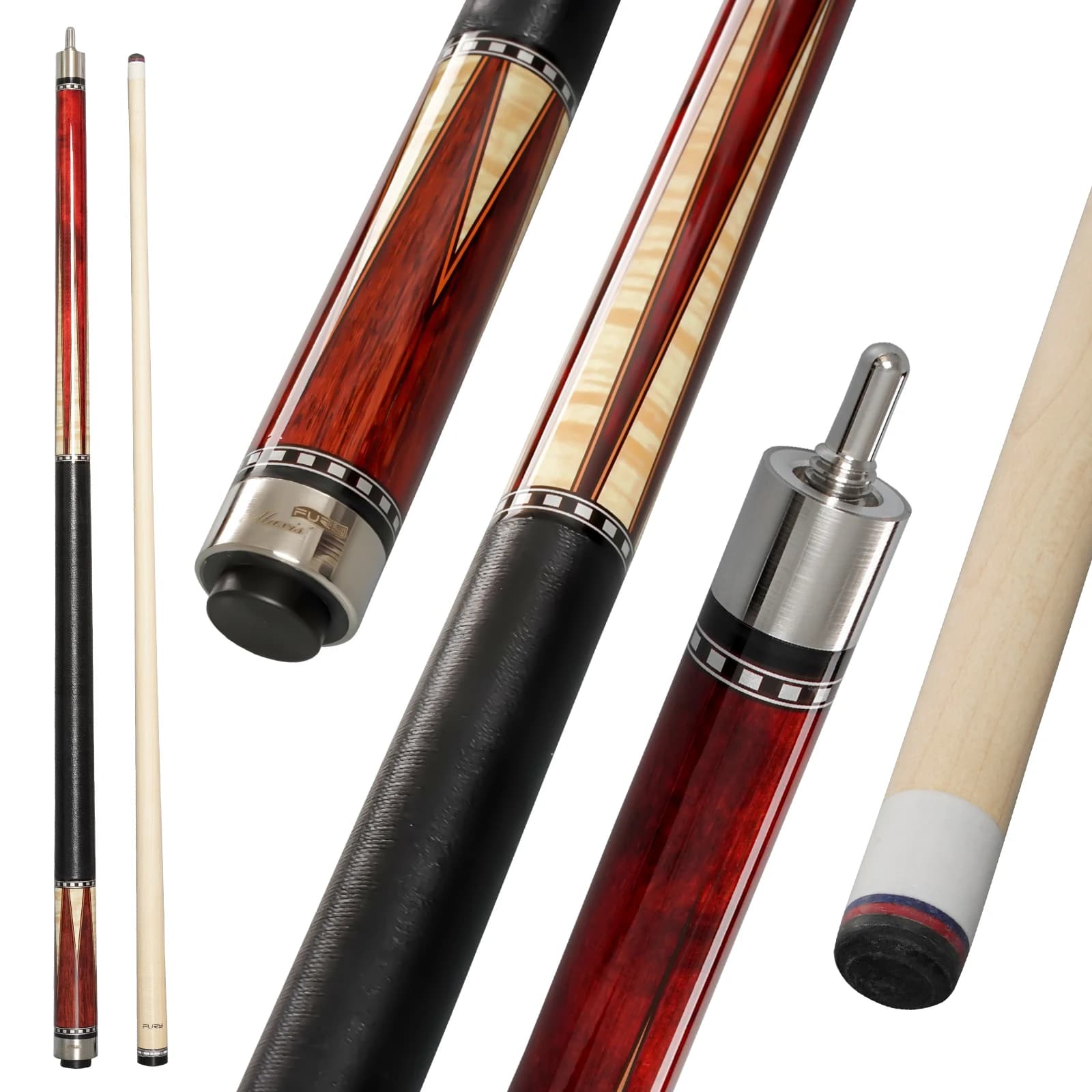 Fury AK/AWP Series Pool Cue - 12.5mm Tip JMC Maple Shaft, Lrish Line Wrap/Wrapless/Leather Grip, Low Deflection Pool Stick