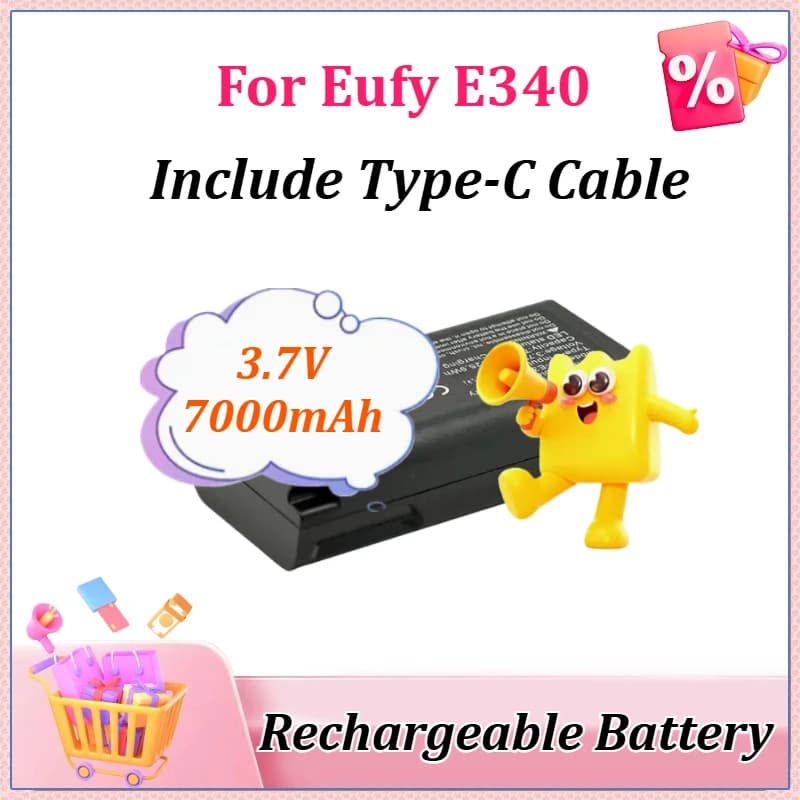 Batteria Ricaricabile E340 da 3.7V 7000mAh 29.5Wh per Campanello Video Eufy con Ricarica USB-C (Cavo Type-C Incluso)
