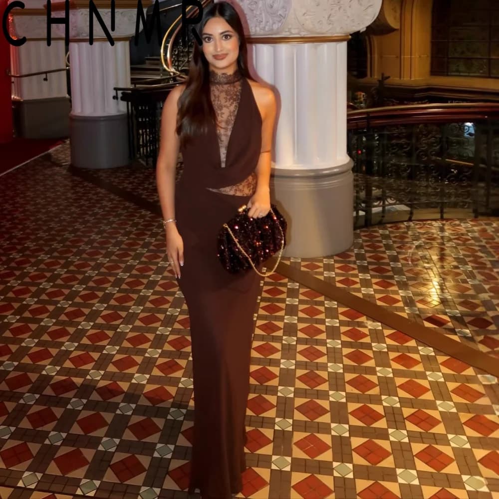 CHNMR Abito Lungo Vintage con Pizzo e Patchwork da Donna, Vestito da Sera Elegante con Scollo all'Americana, Senza Maniche, Schiena Scoperta, Vestito Sottile per Feste e Balli