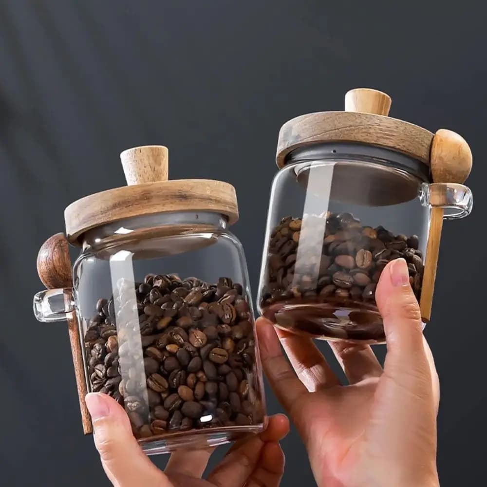 Moisture-proof Coffee Bean Storage Jar with Wooden Lid With Wood Spoon Clear Spice Storage Tank Top Handle Wide mouth design
