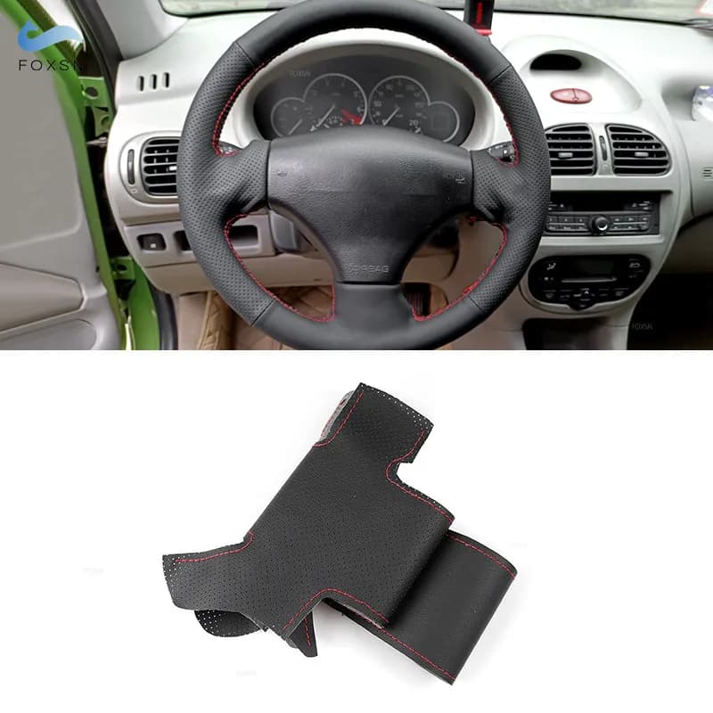 Black-red line perforated leather cover for Peugeot 206 1998-2005 206 SW 2003-2005 Hand sewn leather steering wheel cover