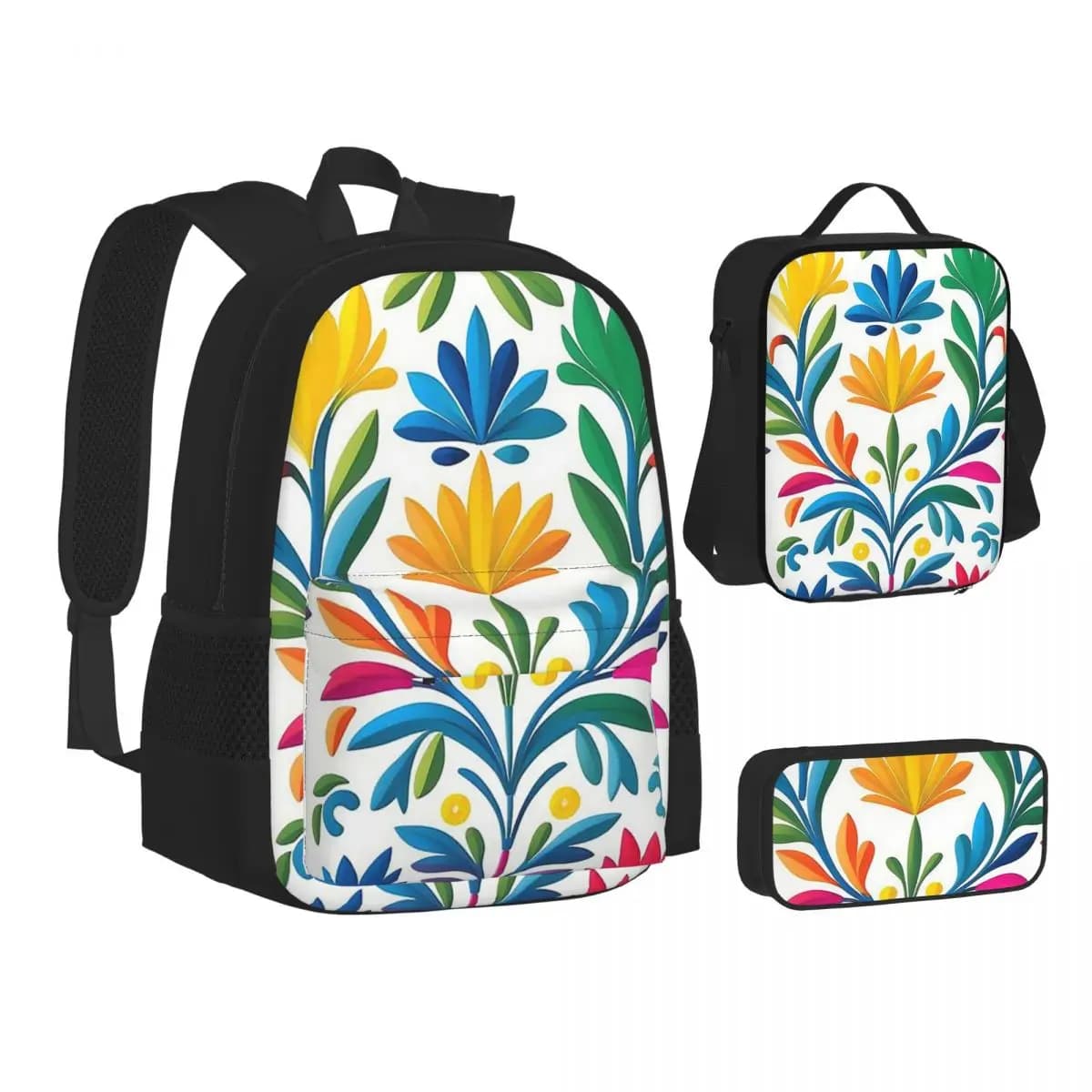 Zaini con stampa artistica di fiori messicani Otomi, borsa per libri per studenti, borse da scuola, zaino per bambini, borsa per il pranzo, borsa per penne, set da tre pezzi