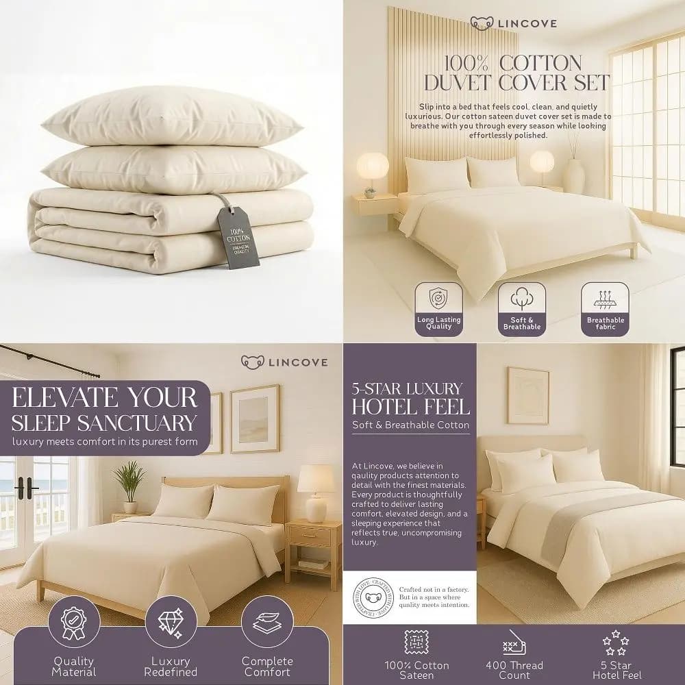 Luxury Duvet Cover Set 100 Cotton Sateen Duvet Cover Ultra Soft Premium Hotel Quality Design Bedding Set 400 Thread Count Cream