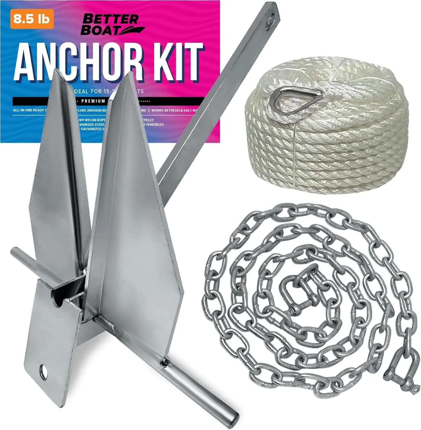 Kit Ancoraggio Robusto Fluke con Corda e Catena, Acciaio Zincato per Barche, Pontoni, Barche a Vela, Ponti di Pesca, Varie Misure