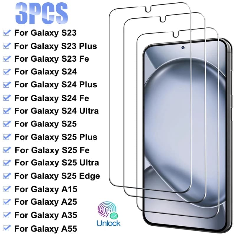 3 pezzi di vetro temperato per Samsung Galaxy S23 S24 S25 Plus Fe A05S A15 A25 A35 A55 protezione schermo per Samsung S25 Edge S24 Ultra