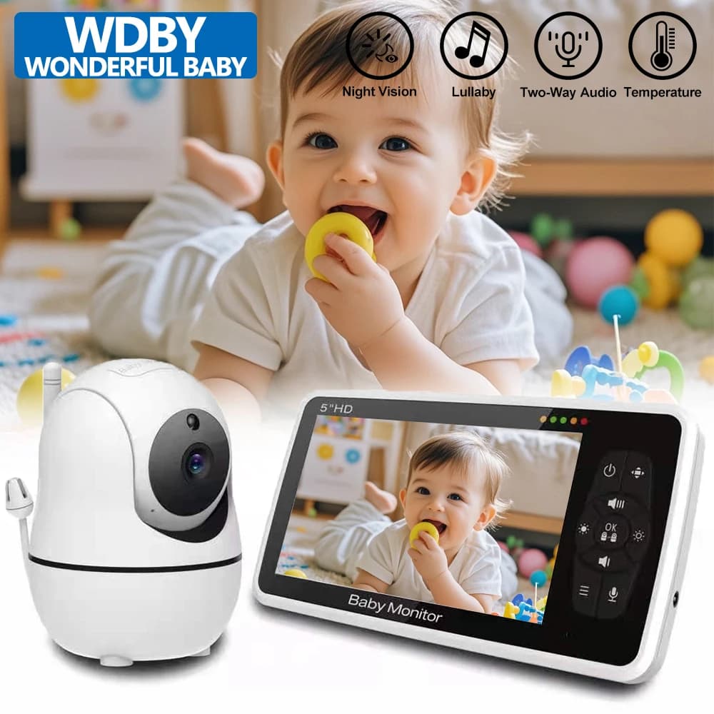 Monitor Video per Bambini da 5 Pollici con Telecamera Zoom 4X, Audio Bidirezionale, Batteria, Portata 1000ft, Sensore di Temperatura, Visione Notturna IR, Ninna Nanna SM50