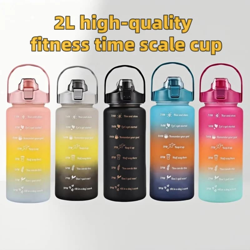 Large Capacity Outdoor Water Bottle 2 Liters, Plastic Cup, Bouncy Cover, Portable Sealing Straw Cup, Time Indicator, Scent Gym Bottles