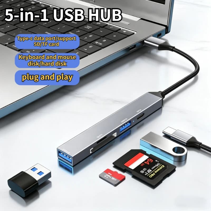 Hub di Espansione USB C 5-in-1, Docking Station con Lettore di Schede TF/SD, USB 3.0 5Gbps, Tipo C Plug and Play per PC, Laptop, Notebook