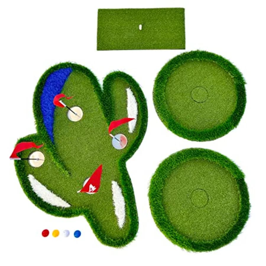Set da golf galleggiante con due bersagli circolari galleggianti, include tappetino da chipping con tee in gomma e 60 palline multicolori.
