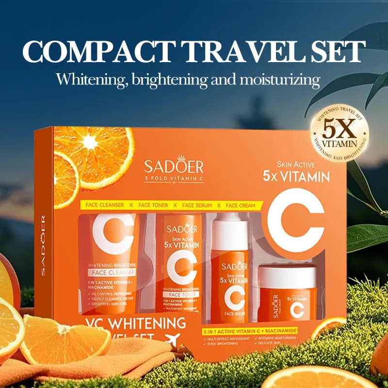 4 pieces/box SADOER 5x kit vitamin C whitener moisturizing travel set (face cleaning, toner, serum, face cream)