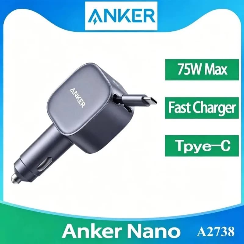 Anker A2738 Nano 75W USB-C Car Charger Built-in Retractable Type-C Cable PD Fast Car Adapter for IPhone Samsung MacBook Laptop