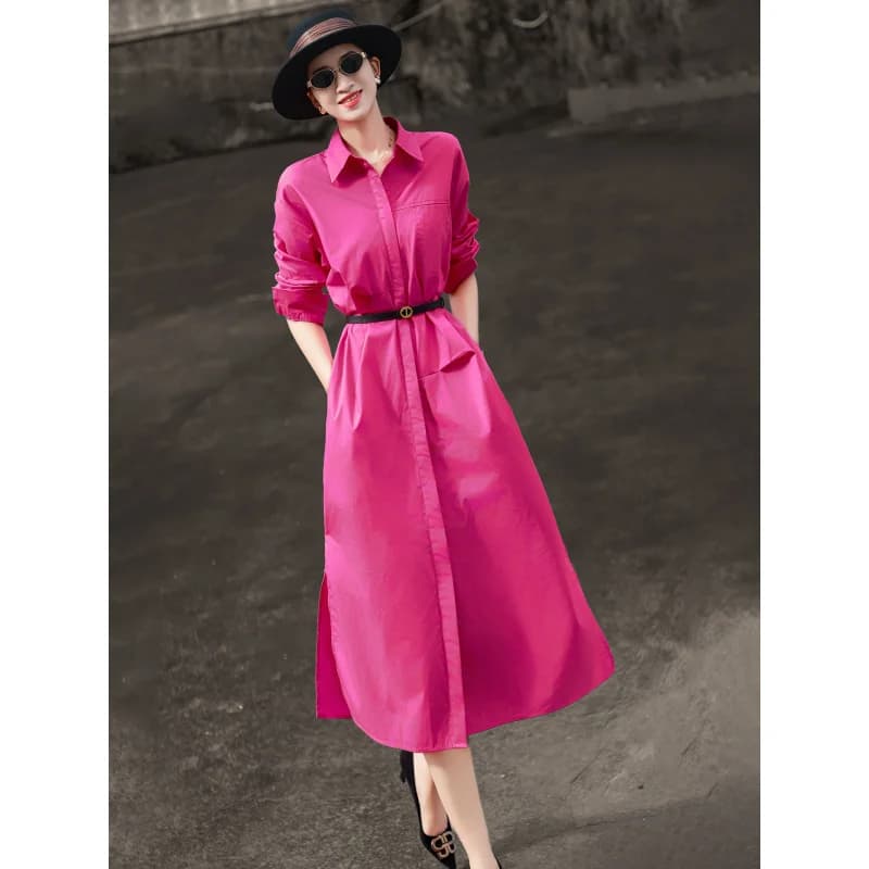 MEXCOCO 2026 New Spring Turn Down Collar Long Sleeve Shirt Dress Belted Waist Split Pocket Casual Commuter Midi Dress