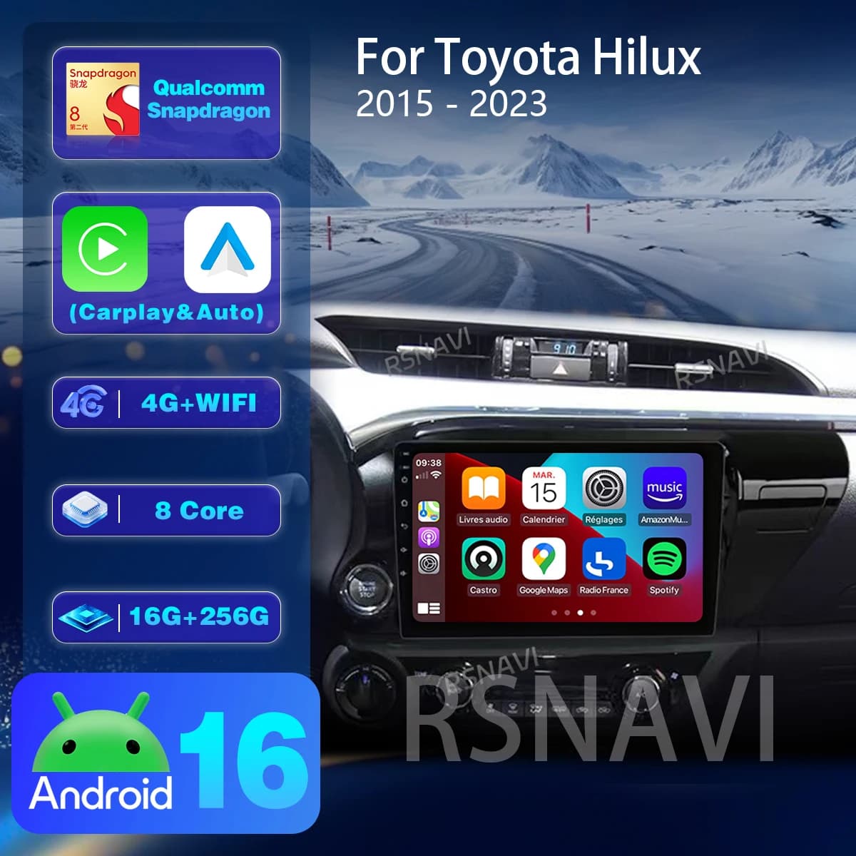 Android 16 Carplay For Toyota Hilux 2016 2017 2018 Auto 2K Screen Car Radio Multimedia Player Plug and Play WIFI+4G Navigation