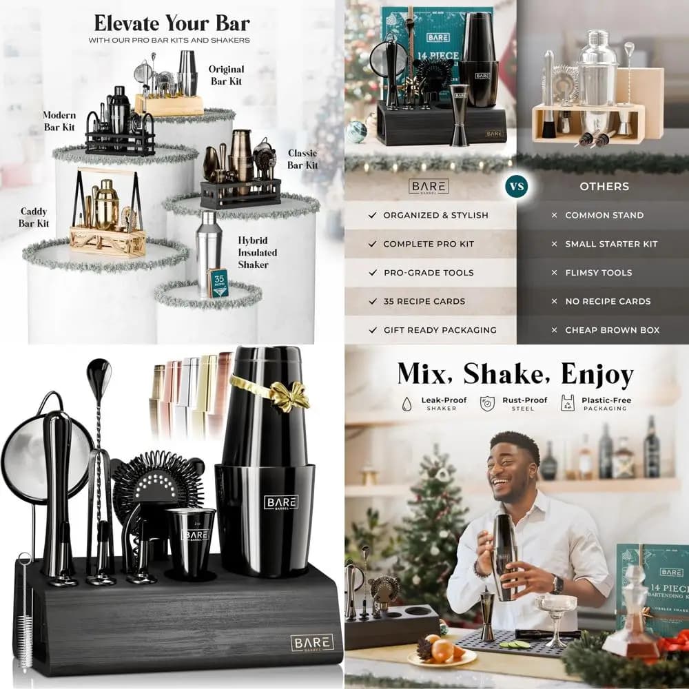 Set da Cocktail 14 Pezzi: Kit da Barman Casalingo con Shaker Boston da 828ml, Utensili per Miscelare, 35 Ricette