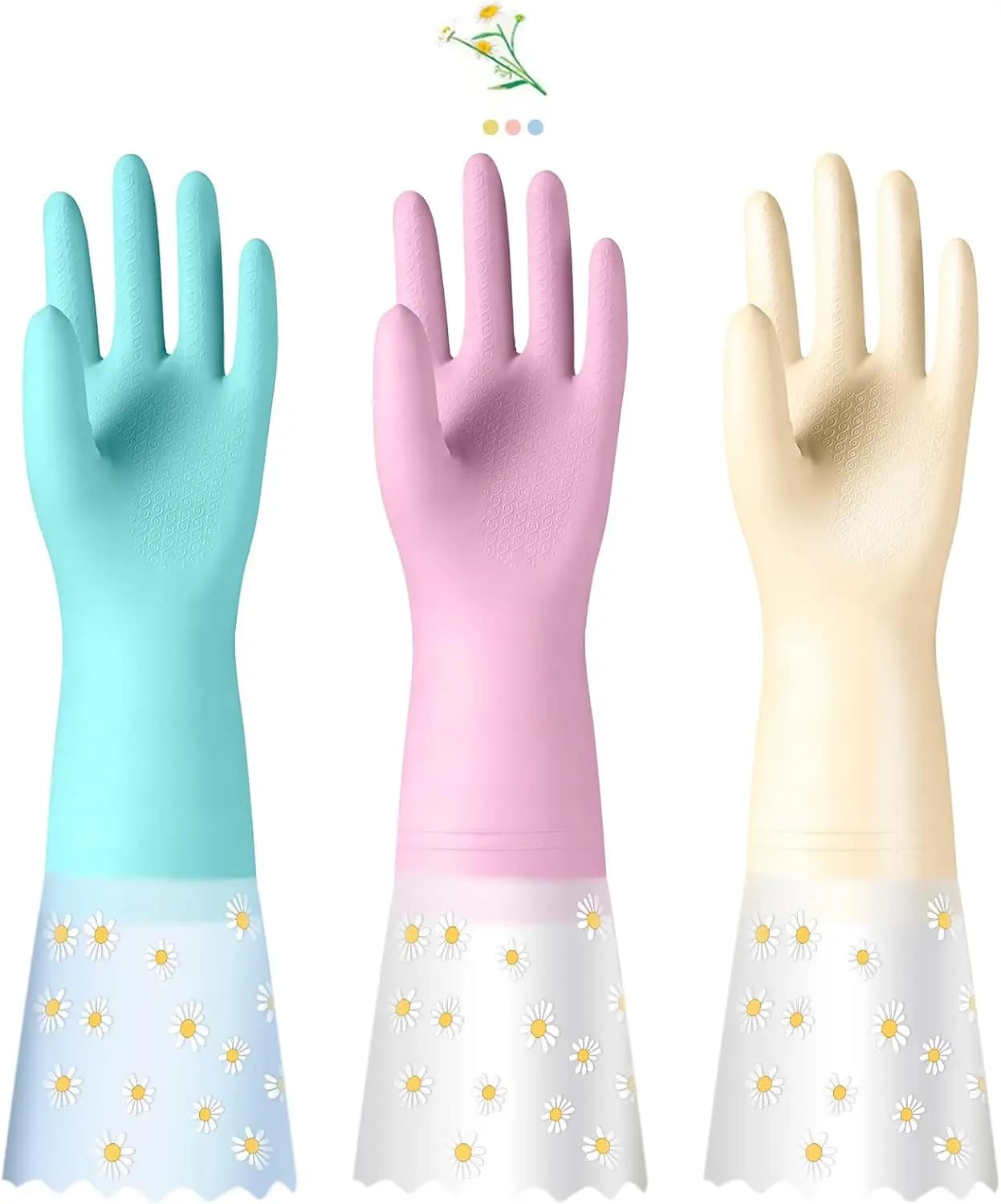 Reusable Rubber Cleaning Gloves for Dishwashing: 3 Pairs Latex Free Household Kitchen Gloves