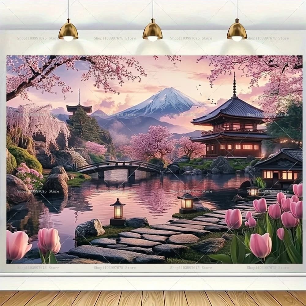 Fondali di paesaggi di fiori di ciliegio giapponesi Soggiorno Decorazioni per feste Sfondo fotografico Banner per interni Sudio Photo Booth Puntelli